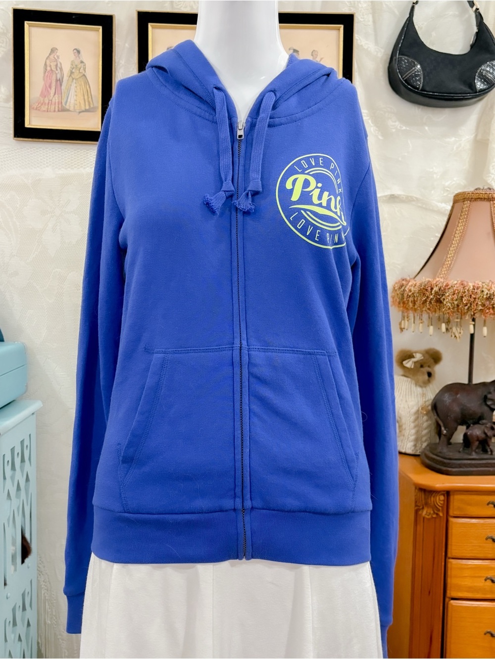 Casual coastal sporty girly lime green graphic cobalt blue zip up hoodie jacket